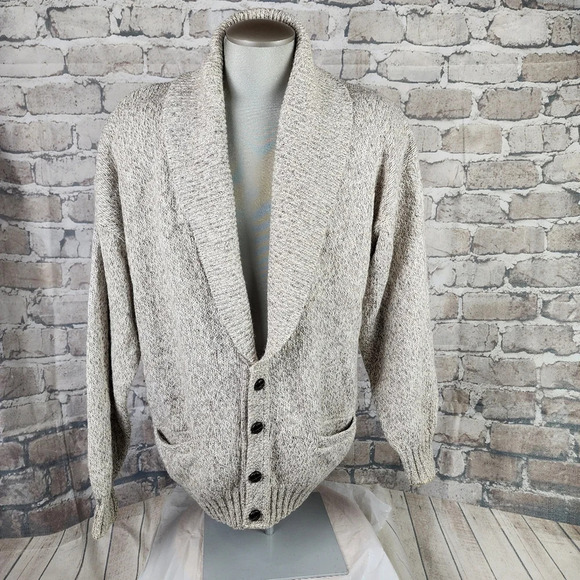 Vintage Wool  Blend Shawl Collar Grampa Cardigan Cream Brown Heather Size Large - Picture 3 of 13